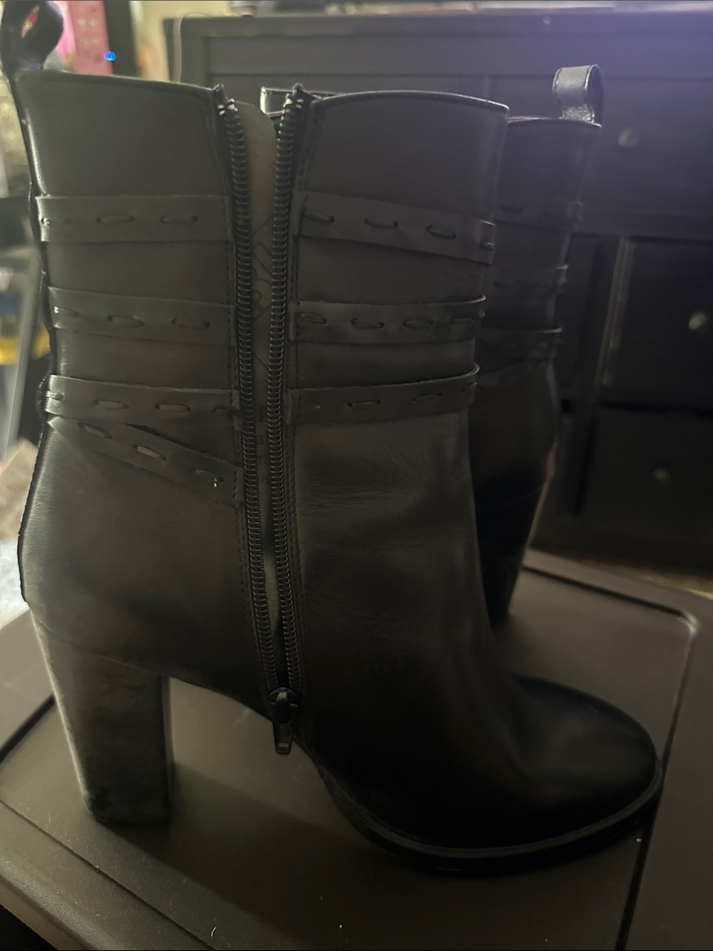 Black Heeled Ankle Boots with Decorative Strap Detail